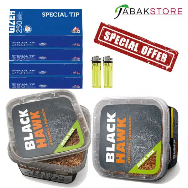 Black-Hawk-Tabak-Angebot---2x-Feuerzeuge---4x250-Gizeh-Special-Tip-Blau