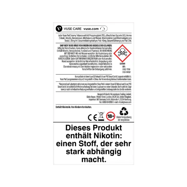 Vuse ePod Caps Creamy Tobacco Rückseite 20mg